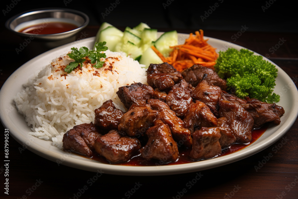 A white plate topped with rice and meat. Generative Ai A white plate topped with rice and meat. Generative Ai