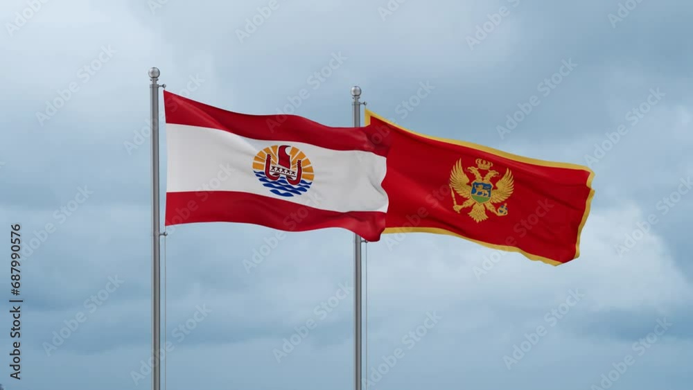 Montenegro and French Polynesia flag waving together on cloudy sky, endless seamless loop, two country cooperation concept
