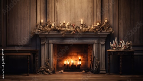 Cozy fireplace with traditional, seasonal christmas decoration. © Simon
