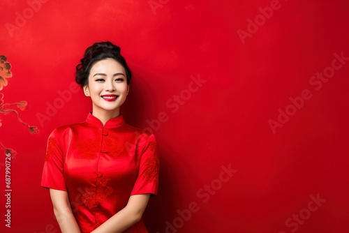 photo of woman wearing a cheongsam suit smiling to welcome tourists shopping in Chinese New Year, isolated on a single color background, copy space . generative ai photo