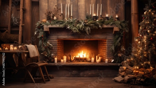 Cozy fireplace with traditional  seasonal christmas decoration.
