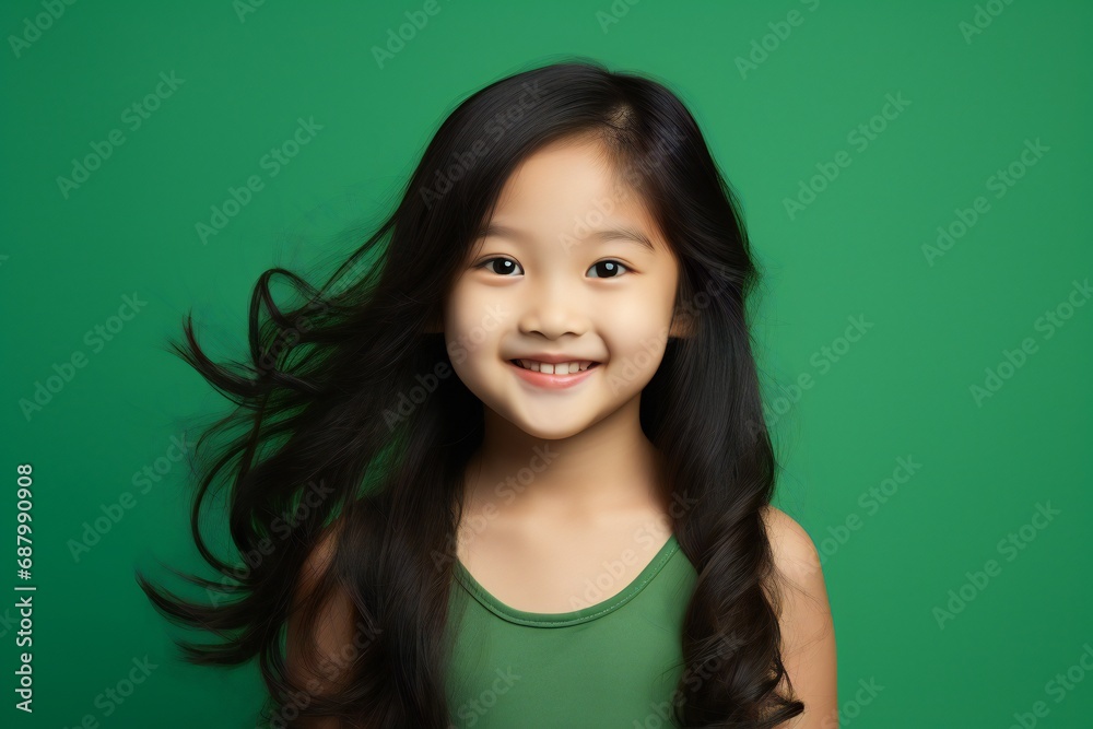 Young Asian baby girl beauty woman long hair isolated green background