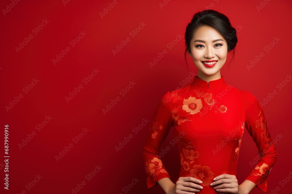 photo of woman wearing a cheongsam suit smiling to welcome tourists shopping in Chinese New Year, isolated on a single color background, copy space . generative ai photo of woman wearing a cheongsam suit smiling to welcome tourists shopping in Chinese New Year, isolated on a single color background, copy space . generative ai
