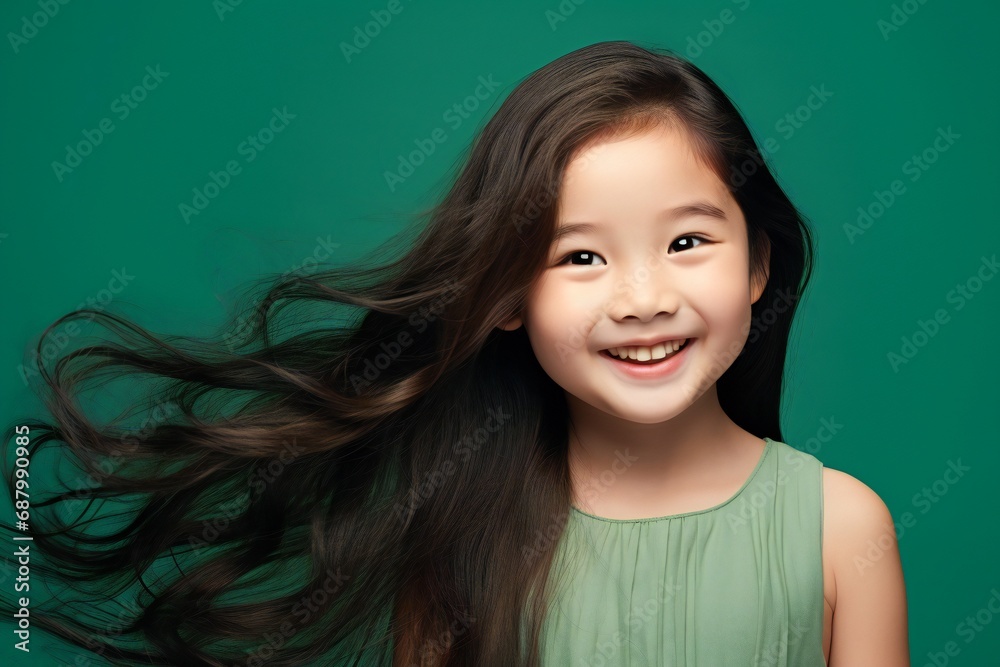Young Asian baby girl beauty woman long hair isolated green background Young Asian baby girl beauty woman long hair isolated green background