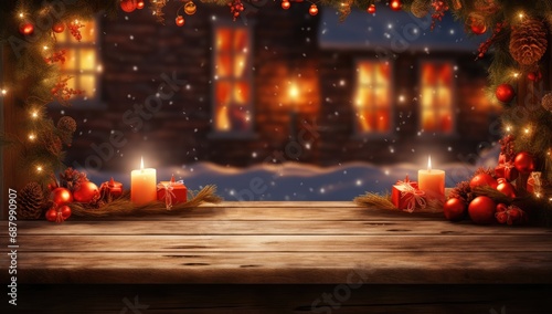 Wooden table with beautiful christmas decoration.
