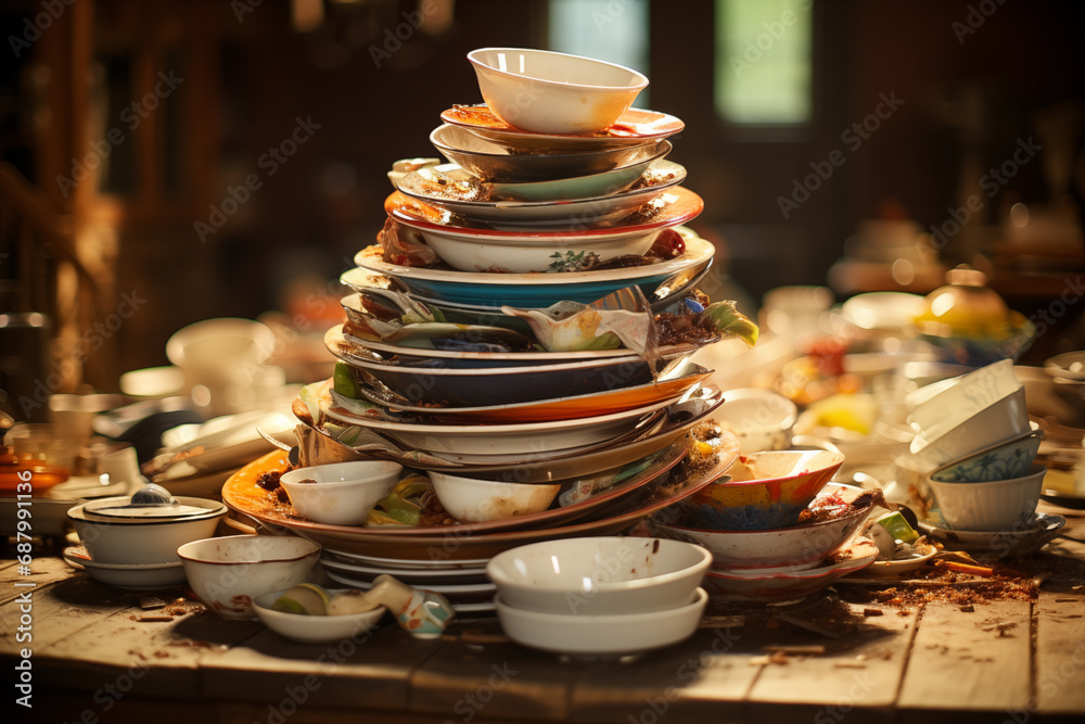 a stack of dirty dishes - obrazy, fototapety, plakaty 