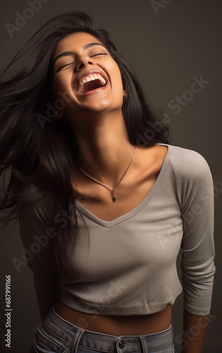 Joyful Indian Woman in Off-Shoulder Slim Sweater Laughing and Dancing