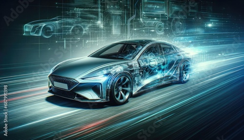 A dynamic image of a car with a digital overlay, showcasing the concept of automotive technology and speed © Robert
