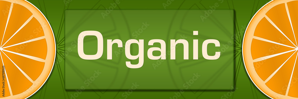 Fototapeta premium Organic Citrus Orange Slice Left Right Green Background Text 
