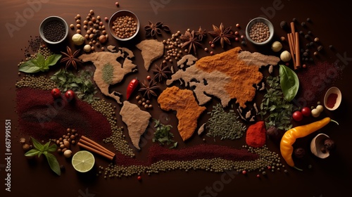 Fototapeta Naklejka Na Ścianę i Meble -  A World Map Surrounded by an Array of Diverse and Aromatic Spices