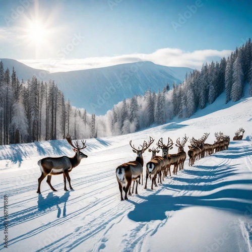 Herding reindeer in snowy landscape.