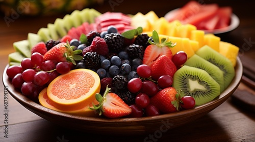Showcase the rich colors and textures of a mixed fruit platter, a delightful blend of various fruits in a bowl.