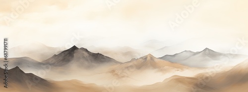 Watercolor painted panoramic mountain landscape.