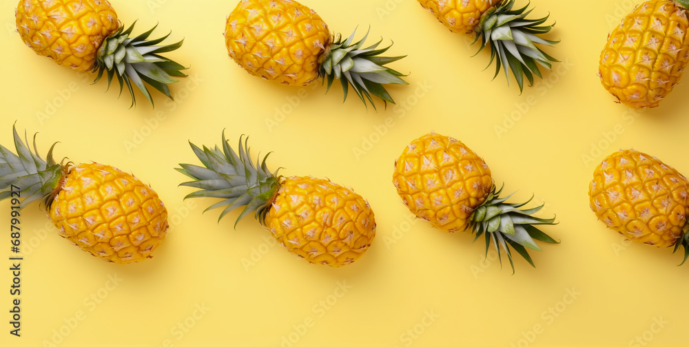 Fototapeta premium full fresh pineapple fruit healthy food concept Arrange a beautiful top view with space on a yellow background.