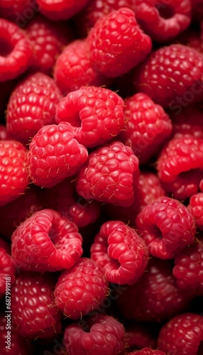 Capture the juicy allure of a cluster of ripe, red raspberries, their plumpness inviting a taste test.