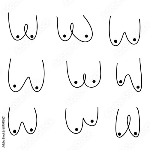 Vector illustration. Large set of breasts. Women's disease. Medicine. Cancer. Delete. Gender change.