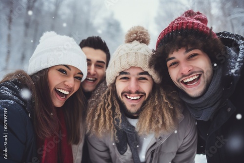 Smiling portrait of young group of student friends enjoying time together on winter. Young adult people having fun during christmas vacation outdoors