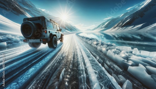 AI generated illustration of a car driving through a mountain landscape, with snow-covered peaks