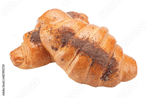 Croissants sprinkled with chocolate chips on top, isolated on white background