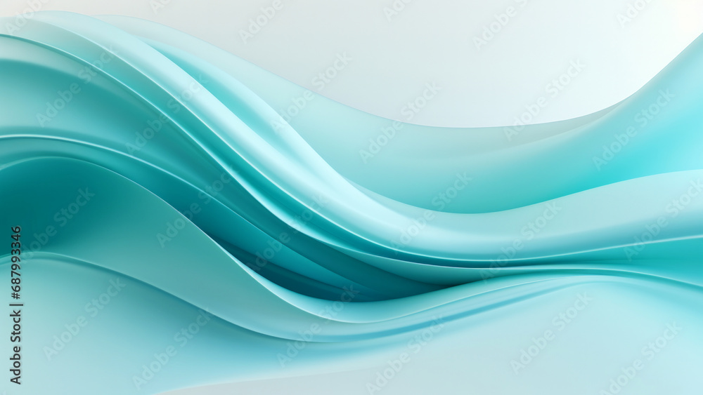 Fototapeta premium Abstract silk turquoise sea waves design with smooth curves and soft shadows on clean modern background. Fluid gradient motion of dynamic lines on minimal backdrop