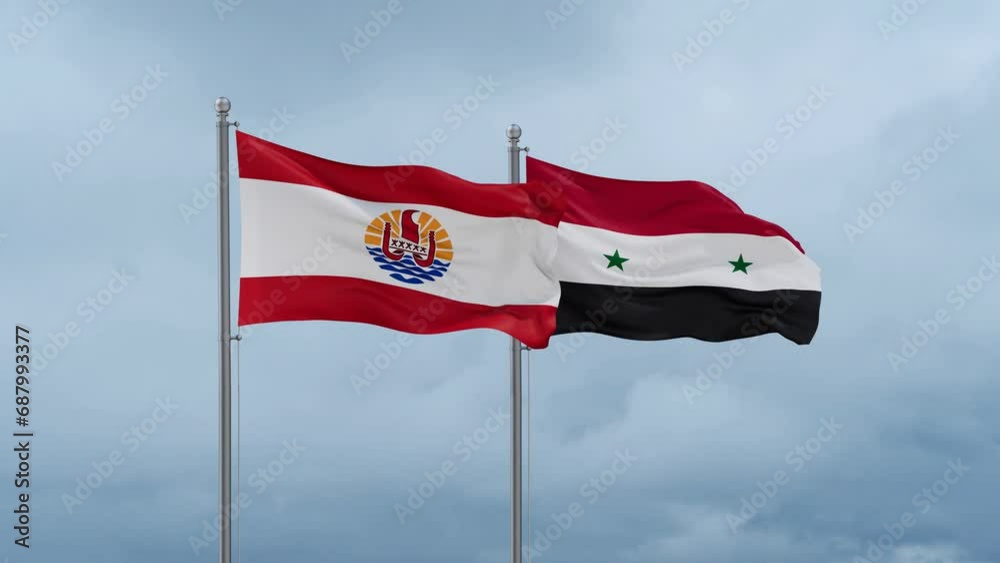 Syrian Arab Republic, Syria and French Polynesia flag waving together on cloudy sky, endless seamless loop, two country cooperation concept Syrian Arab Republic, Syria and French Polynesia flag waving together on cloudy sky, endless seamless loop, two country cooperation concept