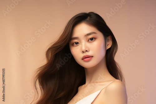 Young Asian beauty woman long hair in white lingerie with korean makeup style on face and perfect skin on isolated beige background. Facial treatment, Cosmetology, plastic surgery