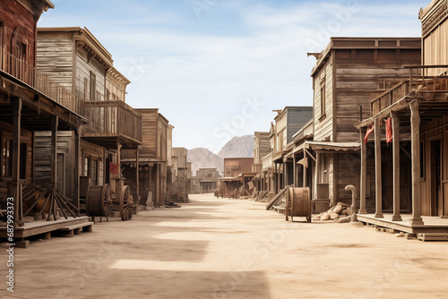 empty street in an old wild west town with wooden buildings photo
