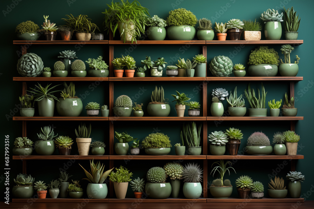 a shelf with lots of green plants in pots