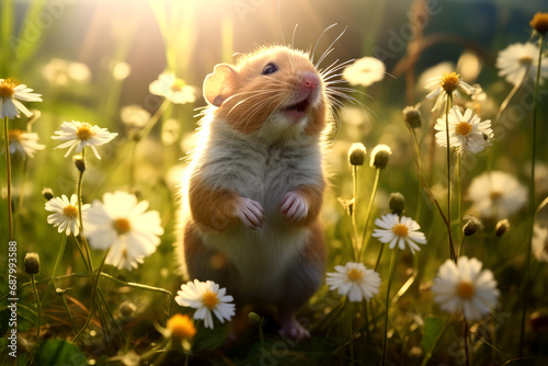hamster with flowers on background