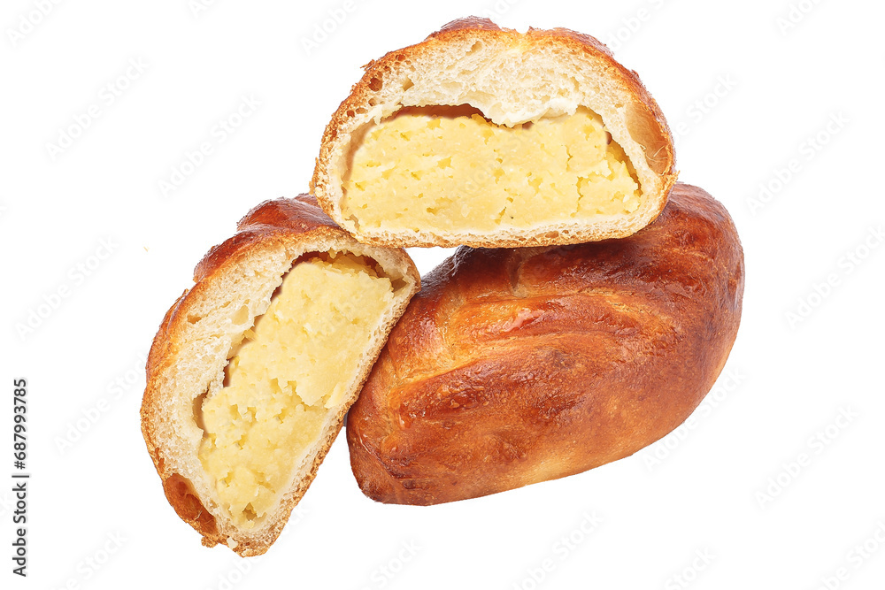 homemade food pastries, bun pie, stuffed boiled potatoes, bakery products on a white isolated background homemade food pastries, bun pie, stuffed boiled potatoes, bakery products on a white isolated background