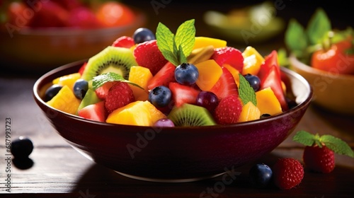 Showcase the vibrant colors and textures of a mixed fruit salad  a medley of flavors and visual delights.