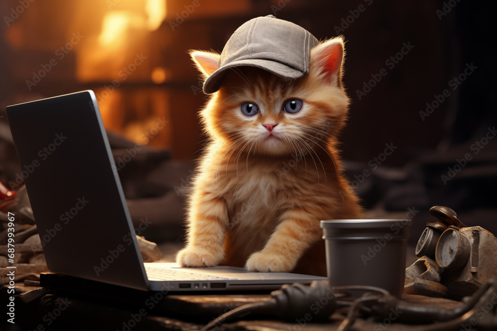 The kitten is a hard worker, overworking and fatigue - obrazy, fototapety, plakaty 