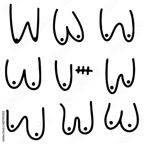 Vector illustration. Large set of breasts. Women's disease. Medicine. Cancer. Delete. Gender change.