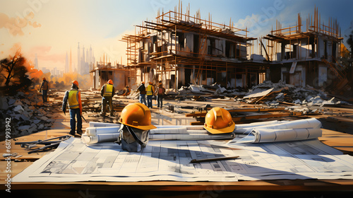 Building a Dream Home: Blueprint, Yellow Helmet, and Construction Site in the Background photo
