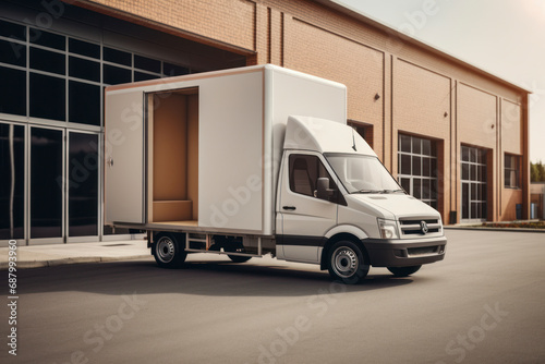Outside of Logistics Warehouse with Open Door, Delivery Van Loaded with Cardboard Boxes. Truck Delivering Online Orders.