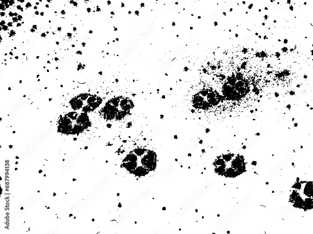 Dog paw prints on snow, vector grunge texture. Using the effect of distress, weathering, chips, scuffs, dust, dirt, large and small grains. For backgrounds in vintage style, overlay, stencil
