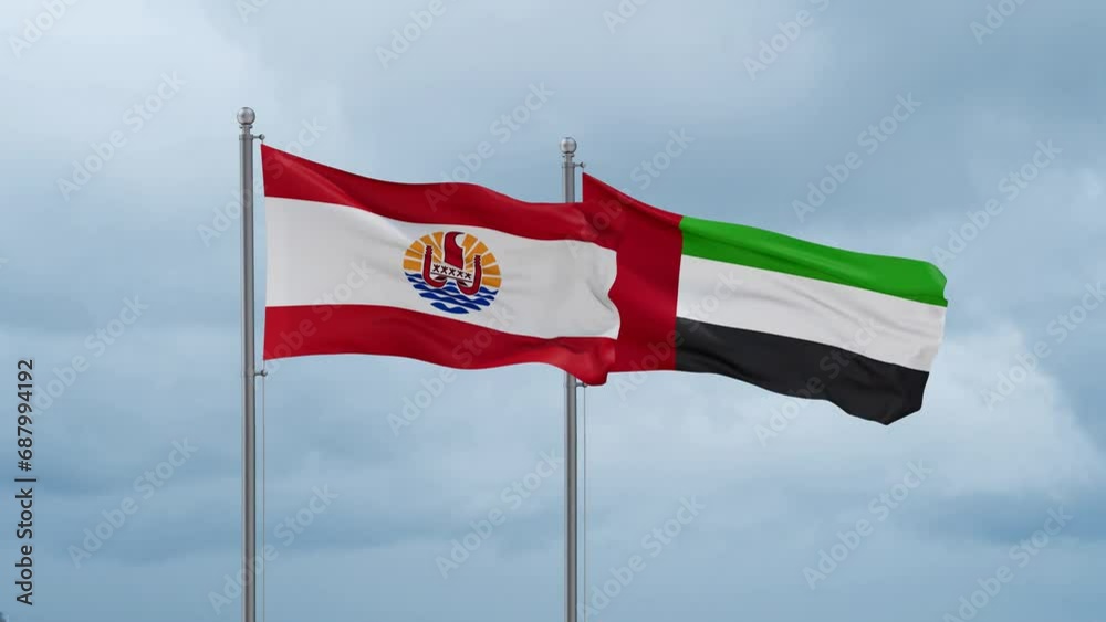 United Arab Emirates and French Polynesia flag waving together on cloudy sky, endless seamless loop, two country cooperation concept United Arab Emirates and French Polynesia flag waving together on cloudy sky, endless seamless loop, two country cooperation concept