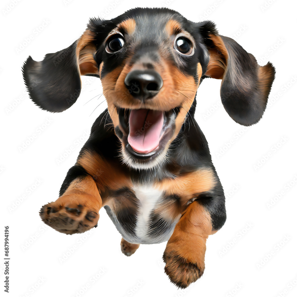 Cute dachshund puppy jumping. Playful dog cut out at background.