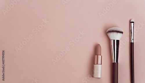 sfondo a tinta unita rosa a tema makeup con pennelli e rossetto generato con ai 