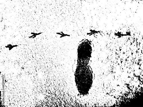 Vector grunge texture footprints of bird paws and human shoes on snow. Using the effect of distress, weathering, dust, dirt, large and small grains. For backgrounds in vintage style, overlay, stencil
