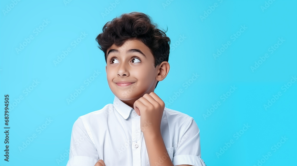 young boy smiling and looking happy on a blue background young boy smiling and looking happy on a blue background