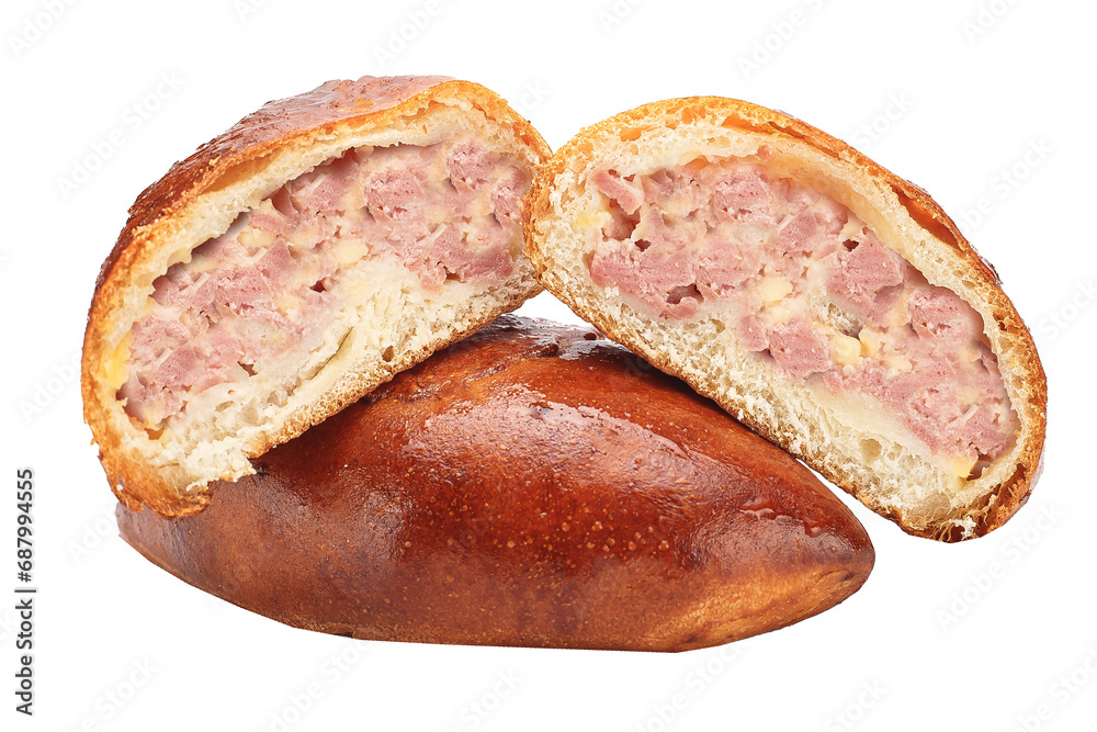 homemade food pastries, bun pie, filled with ham and cheese, baked goods on a white isolated background
