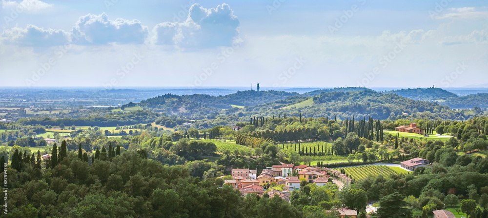 Beautiful panorama of the landscape around Solferino and Lake Garda from the La Rocca castle tower. Lombardy, Italy. Where the famous battle of Solferino took place in 1859.