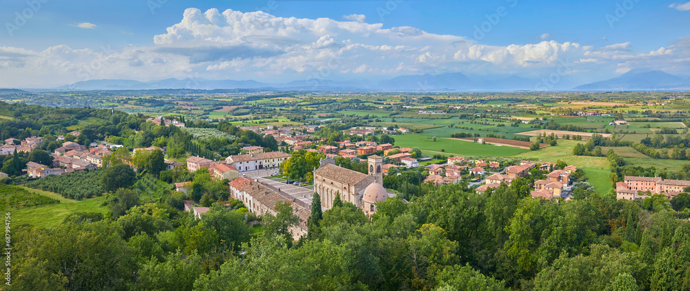 Beautiful panorama of the landscape around Solferino and Lake Garda from the La Rocca castle tower. Lombardy, Italy. Where the famous battle of Solferino took place in 1859.
