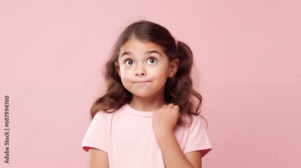 a little girl happy and smiling looking amazed, image on a pink background a little girl happy and smiling looking amazed, image on a pink background