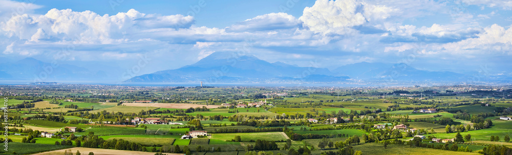 Beautiful panorama of the landscape around Solferino and Lake Garda from the La Rocca castle tower. Lombardy, Italy. Where the famous battle of Solferino took place in 1859. - obrazy, fototapety, plakaty 