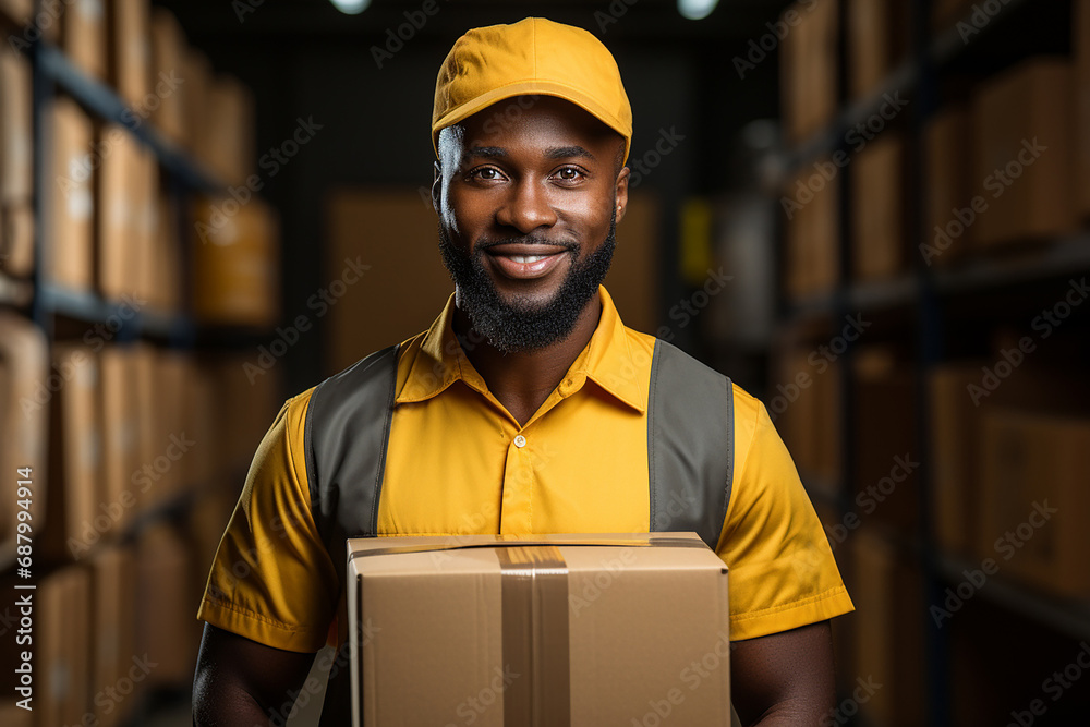 Man in yellow clothes with box in hand in a warehouse with boxes. Concept of courier, delivery service and post office Man in yellow clothes with box in hand in a warehouse with boxes. Concept of courier, delivery service and post office