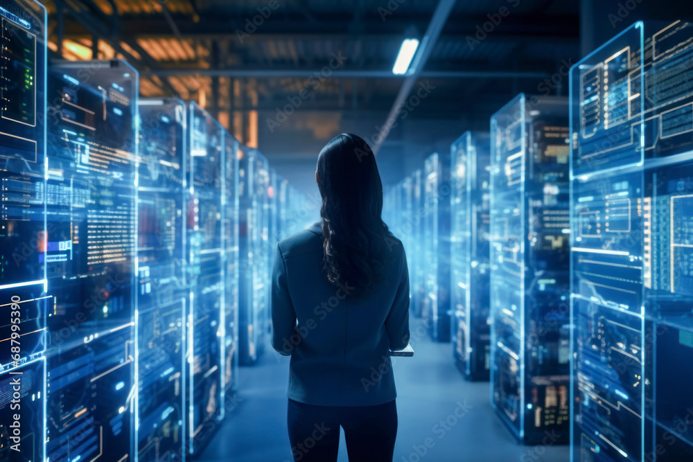 3D Graphics Concept: Big Data Center Female Chief Technology Officer Using Laptop Standing In Warehouse, Activates Servers, Information Digitalization Starts. 3D Graphics Concept: Big Data Center Female Chief Technology Officer Using Laptop Standing In Warehouse, Activates Servers, Information Digitalization Starts.