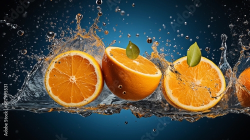 Fresh Oranges Splashing in Water Against Dark Background