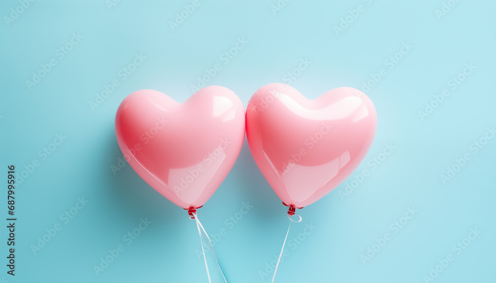 two pink heart-shaped balloons on a blue background. background for valentine's day.